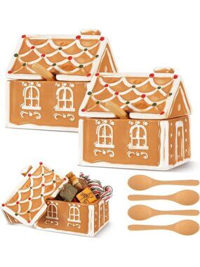 Ceramic Gingerbread House Cookie Sugar Bowls - Set of 2 for Holiday Decor